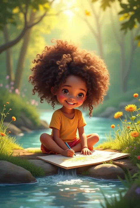 The curly-haired girl is a girl with a smile as bright as the sun, and she likes to sit and draw pictures by the stream every day. 