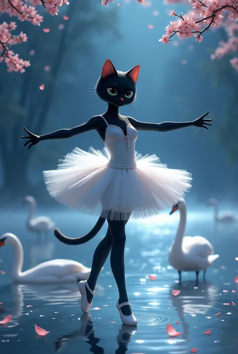 A black cat anime girl doing ballet in swan lake