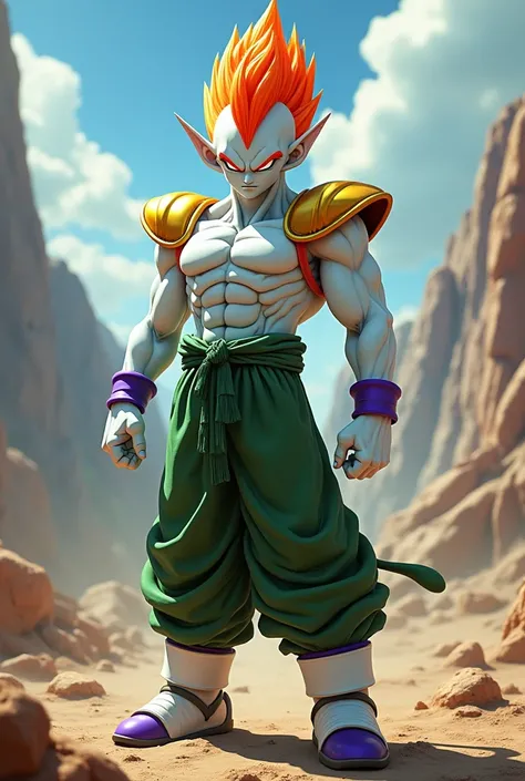 ,Dragon Ball Z type character, with white skin, singlet  shirt ,orange hair, a mohawk haircut, green pants, with gold shoulder pads, long ears, normal body, short stature, white and purple shoes.