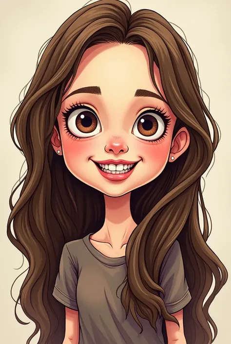  Create a cute cartoon drawing of a girl with long brown hair, well-rounded eyes , lips are really big , Very round cheeks .  the two front teeth are large and crooked.  She reminds me of Angelina Joulie.  I really like rock and rock in roll elements .  Th...