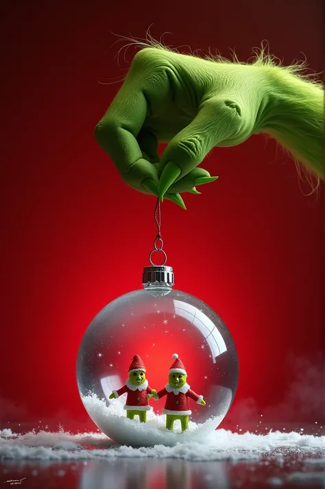 A red background and the Grinchs hand grasping a thread with his thumb and forefinger from which a transparent crystal Christmas sphere hangs, and inside the sphere there are two individuals, men dressed as elves, trying to escape.