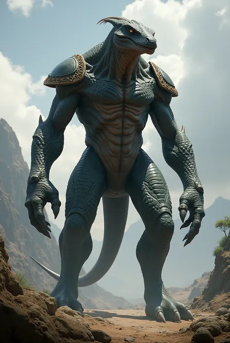  King Titan from Ark Survival Evolved ,  with a reptile tail, bipedal reptile legs with a moderately humanoid posture, neck similar to a human, moderately elongated reptile-like reptile body but fully adapted to its viped posture and arms almost the length...