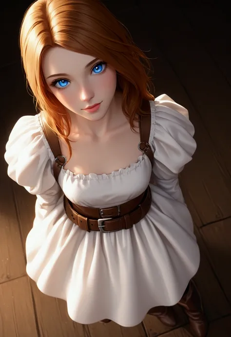 8k, Ultra HD, vibrant lighting, high contrast, high angle, view from above, whole body, full body. Generate an image of a medieval woman in a dress with a single iron breastplate. The rest of her is unarmored. She wears a white dress with tall leather ridi...