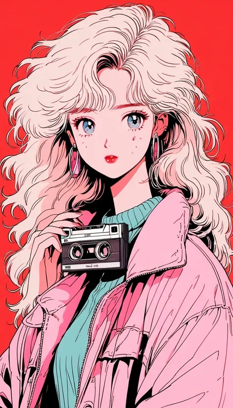 90s anime style,  1990s style ,  clear ,  1980s Style , (:1.7),  top quality, 8k, woman1名,  Very Big Eyes  , Wearing 1980s clothing, Top shot,  close, smile,  light brown eyes,  snow-white skin , Sparkling Eyes, wave hair,  cassette tape in her hand that d...