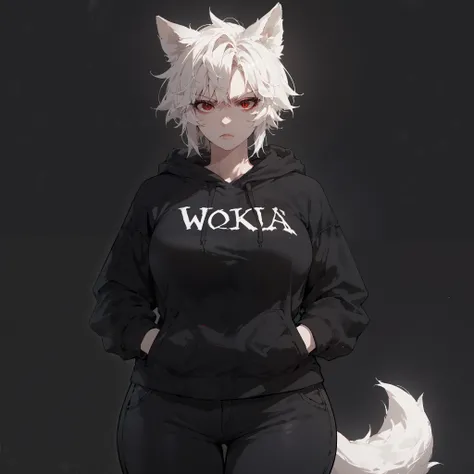 1girl, solo, short messy white hair, red eyes, slit pupils, wolf tail, wolf ears, big breasts, wide hips, thighs, black hoodie, black baggy pants, hands on pockets, serious, standing, looking at viewer, simple background, from the front view