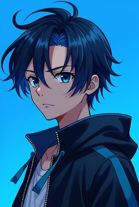 Imagine a blue background with a male anime character