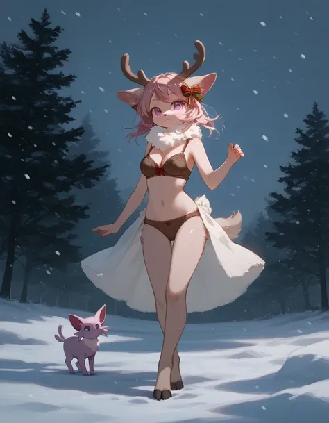 Alone, score_9,score_8_up,score_7_up, rating_safe, anthro female espeon, brown bra, brown panties, reindeer horns, outdoors, standing, snowing, night, full body.