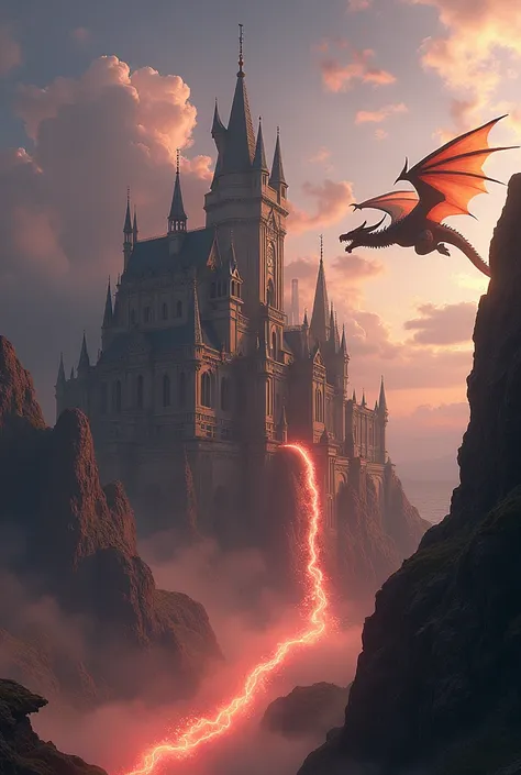 A sleek dragon is diving down toward a castle while magic blazes in the sky