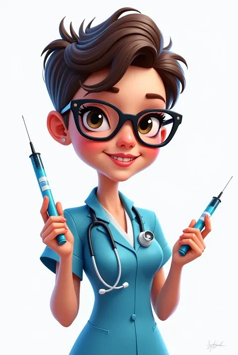 Nurse
Short hair
Joven
Blue suit
Caricature
Tetoscope
Injection
Eyewear