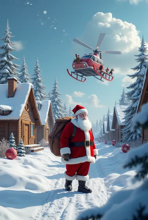 Christmas guy santa land homes ground his flying  vehicle land behind him 