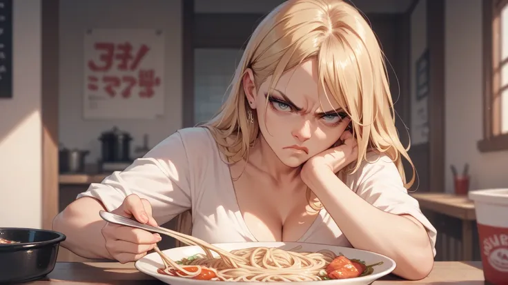 A jealous black-haired woman, glaring at a blonde haired woman, who’s obliviously stuffing her face with a forkful of pasta.