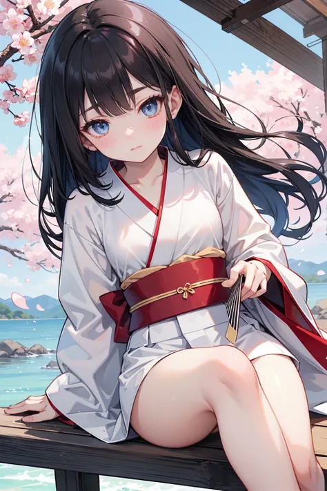  has long, dark hair ， with warm blue eyes  ，Black eyebrows、Clear and bright eyes，The lines of the facial features are soft and graceful，Cold and elegant，Refined spirit，There is no flaw at all。 The skin is white and red ， perfectly balanced thighs， kimono，...