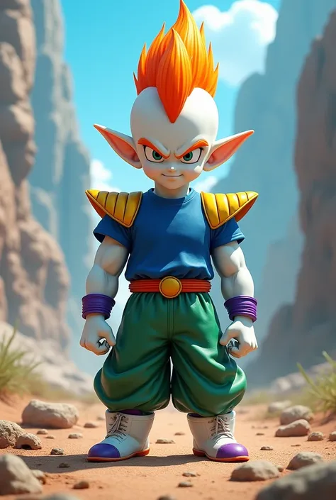 ,Dragon Ball Z type character, with white skin, blue shirt ,orange hair, a mohawk haircut, green pants, with gold shoulder pads, long ears, normal body, short stature, white and purple shoes.