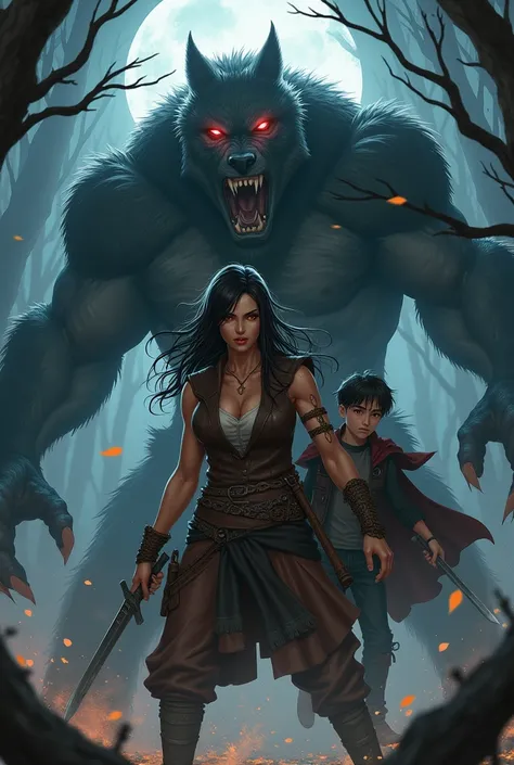 ((masterpiece)), (( top quality)), ( Giant wolf monster with teeth peeling {x} monster A sense of dynamism that makes you hear the roar of {x} the scene where a female bandit leader fights against a werewolf type monster),  Muscular, Large Woman ,  sharp a...