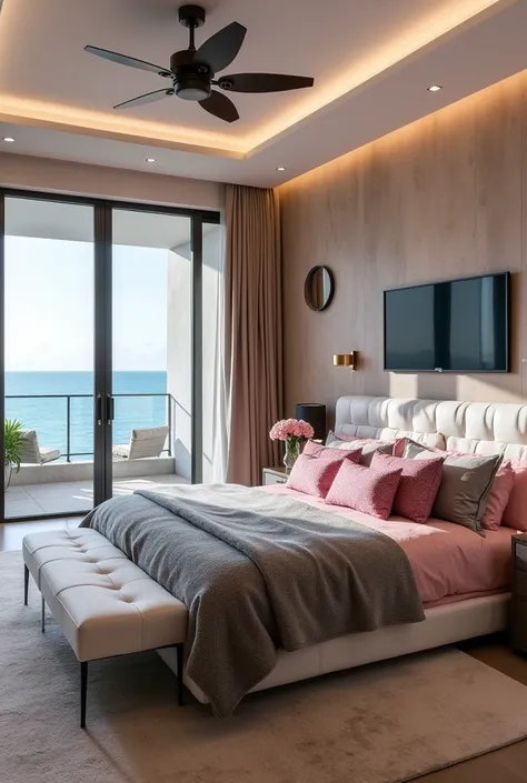 inside a luxury master bedroom inside a luxury mediterranean style mansion in Miami, king size bed with fluffy grey and soft pink, and fluffy soft pink with glitter pillows, fireplace, flatscreen tv, ocean view
