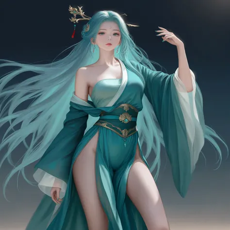 HDR, 8k, masterpiece, best quality, amazing quality, very aesthetic, absurdres, newest, (volumetric lighting), photorealistic, photo background, detailed skin, detailed eyes, detailed hair, fantasy, 
aqua hair ,aqua hanfu, medium breasts, long hair, master...