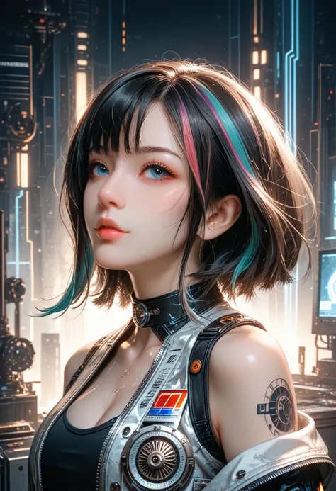 An artistic oil painting-style portrait of a captivating Korean woman in a futuristic neon noir setting. She is centered in a passport photo-style composition, facing forward with her eyes gently closed and an enigmatic, serene expression. Her porcelain-sm...