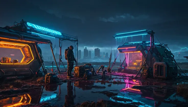 cyberpunk dystopian post-apocalyptic world, man camping in futuristic landscape, detailed futuristic gear and equipment, advanced technology, glowing neon lights, rainy atmosphere, moody dark color palette, cinematic lighting, hyper-realistic, 8k, 3d rende...