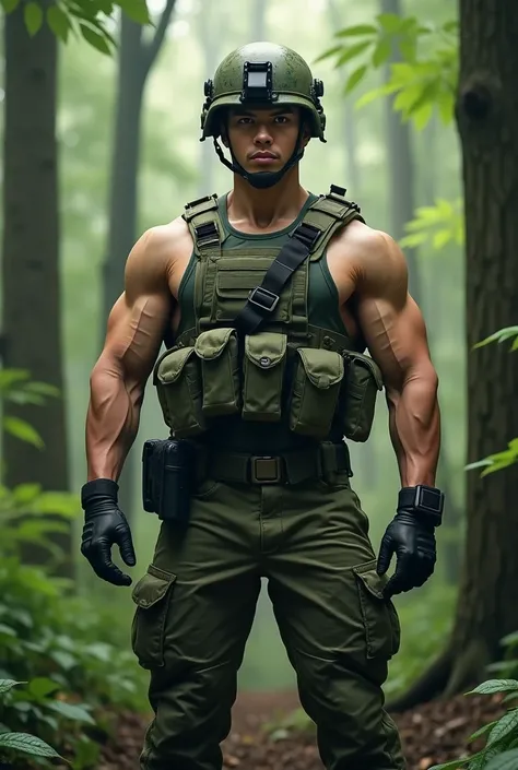 Hyper realistic image of a handsome and muscular korean soldier. He has great bicep and chest muscle. He is standing on a forest wears tactical camo uniform with helmet. Look gorgeous with clean handsome face and fierce eye look. Solo, Looking at viewer, H...