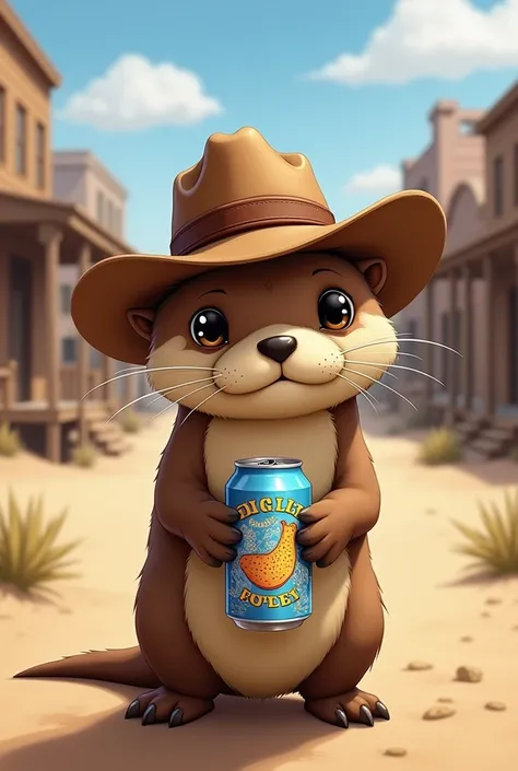 Create an otter wearing a cowboy hat in the Old West while drinking a Kawaii anime-shaped beer 