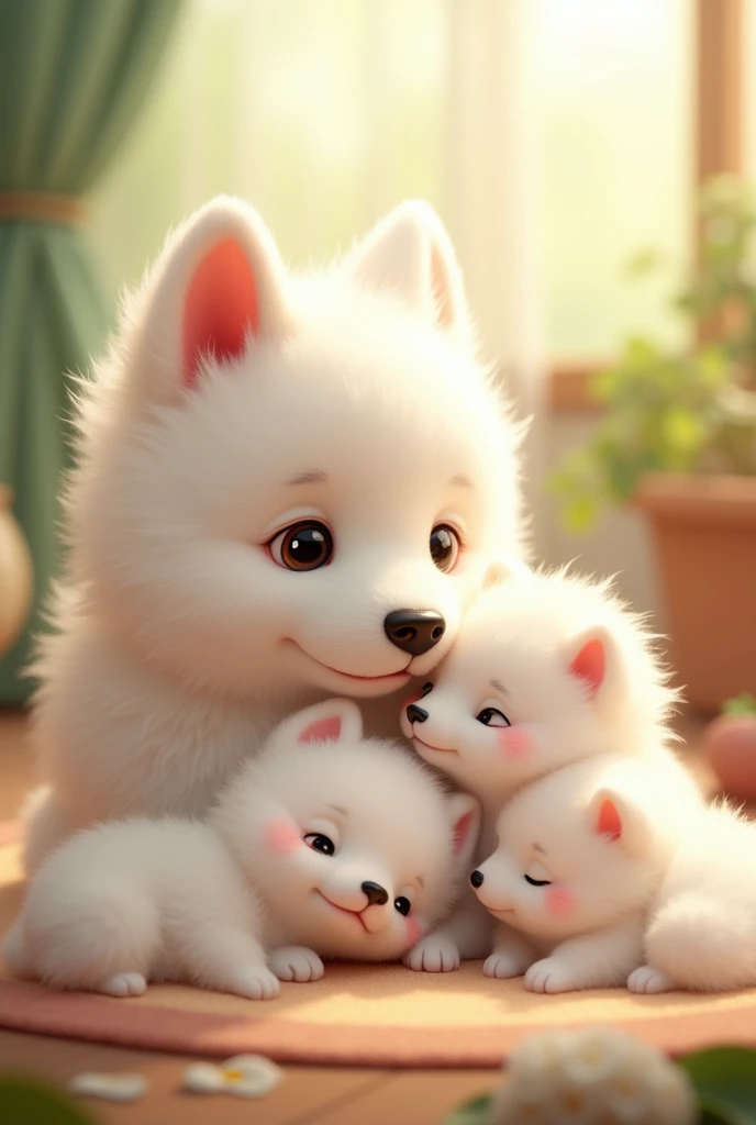 Cute fur white baby dogs with cute mummy