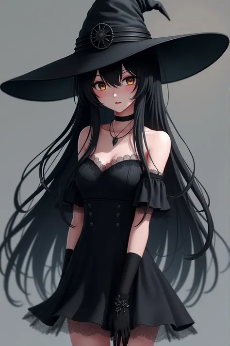 3D anime  ,  with long black hair,  wearing a black witch hat , And the color of the black eyes ,  wearing an elegant black dress with a black heel,  and knee-length black socks , and gloves 