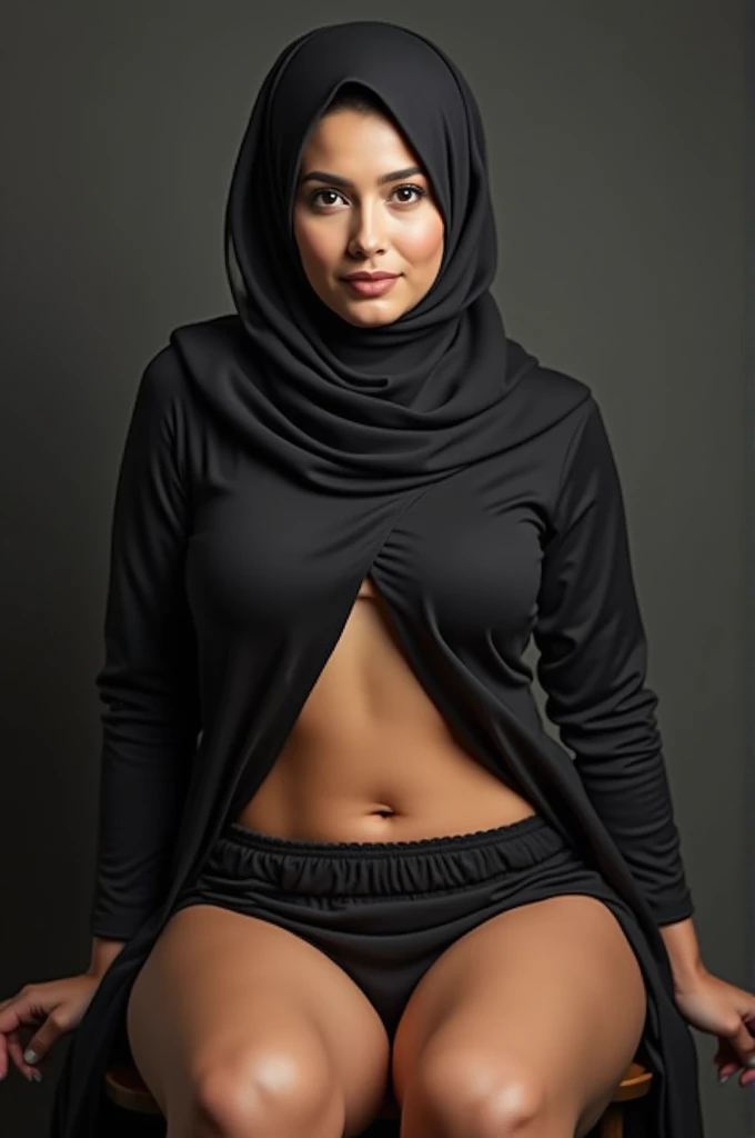 A woman wearing a hijab is sitting with her panties visible, wearing a skirt with a split in the front that shows her panties and has large breasts