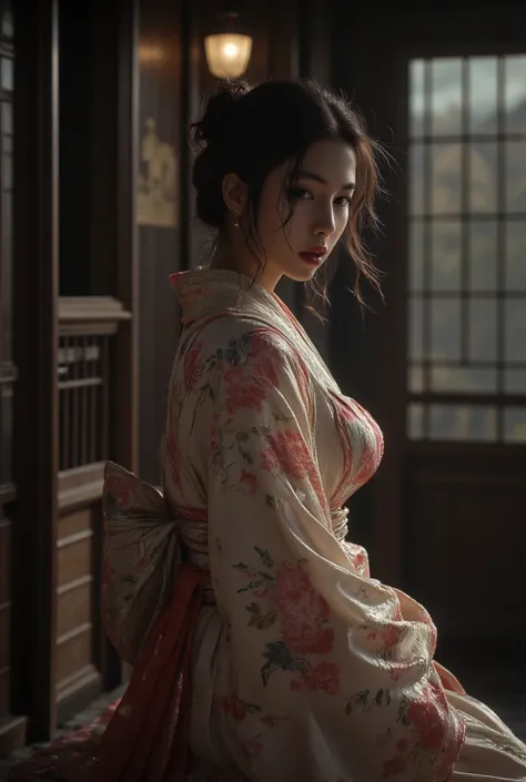 Photo style Wide angle shot 1 Beautiful girl with wavy hair, charming narrow eyes, thigh cleavage, sexy beautiful legs, wearing a pink floral kimono, a small waist, very big breasts, standing and posing for photos, in an ancient Japanese room, fog, humidit...