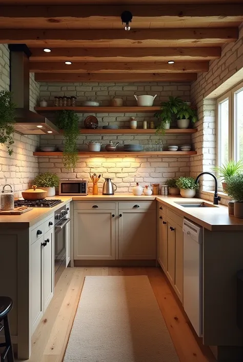 There is an image of a small rustic but modern style kitchen 