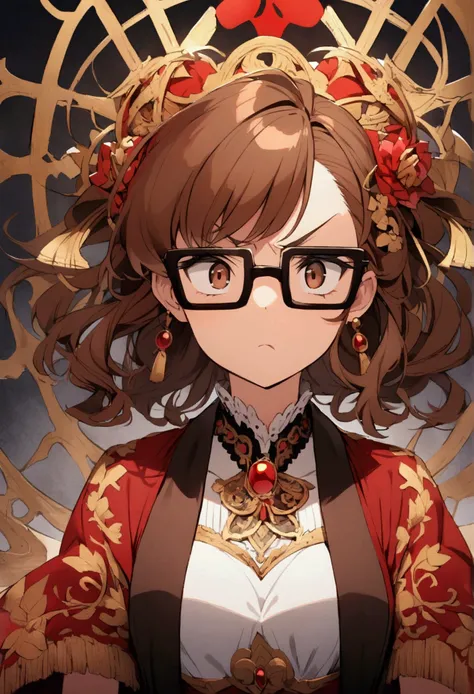  Red Angry Woman Anime Character,   long brown hair ,   Square Glasses and Brown Eyes , Half Round Face 