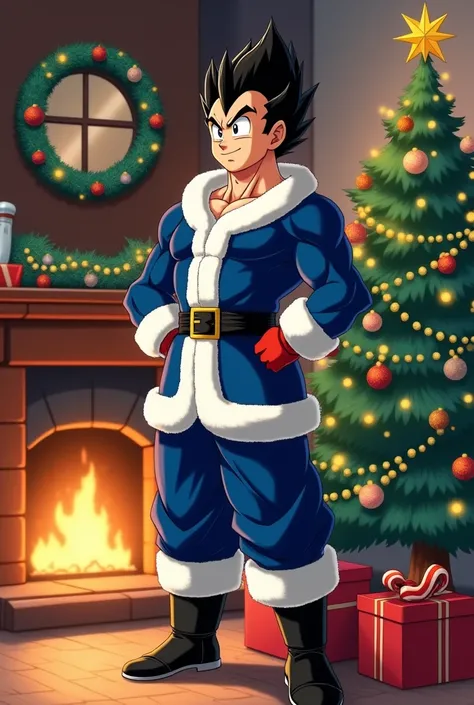  Vegeta mens anime ADULT strong handsome 
sexy smiling contented brown eyes short black hair styled upwards,  dressed in Santa Claus Christmas costume Blue and white black boots , red and white Christmas hat , Next to the Christmas pine tree near the firep...