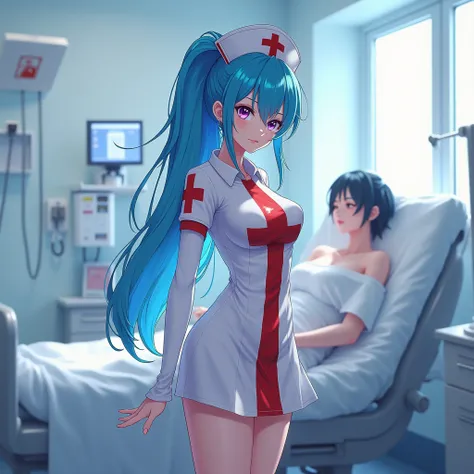 Anime red white cross nurse latex dress purple eyes blue hair patient room