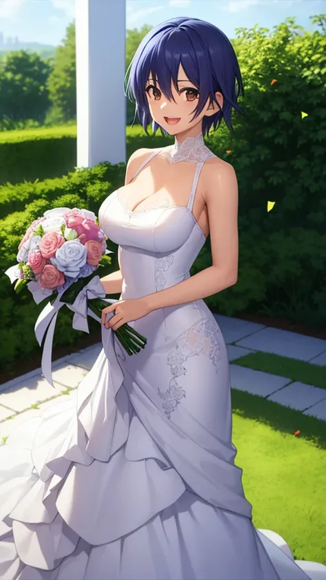 masterpiece, best quality, high quality, girl, solo, looking at viewer, itsuka_shidou, Blues hair, Brown Eyes, large breasts, wedding Dress, standing, garden, confetti, holding bouquet, smile, open mouth,