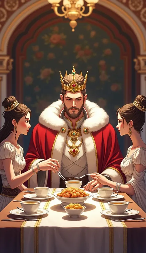 make a fanart manhwa anime king ,  crown prince felix and one princess have breakfast in the dining room.  the three of them eat quietly 