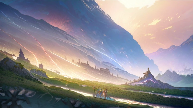 Create an image that captures the spirit of embarking on a grand adventure in a vibrant fantasy world. The scene should feature a group of adventurers standing at the edge of a vast landscape, gazing out at rolling hills, towering mountains, and a distant ...