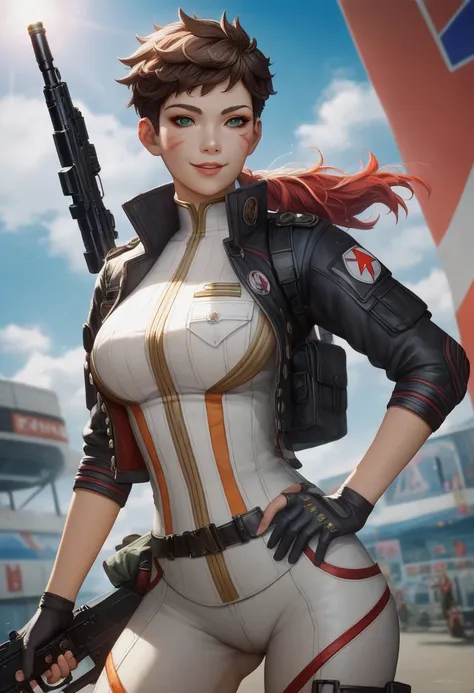 cartoon illustration of a woman in uniform holding a gun, Makoto Shinkai ( Apex Legends ), Artgerm and Atey Ghailan, JK uniform, detailed anime character art ,   girl ,  Marin Kitagawa Fanart ,  guweiz style artwork, anime character art ,   anime Moe art s...