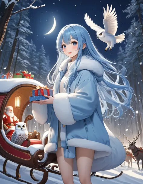   long light blue hair、 beautiful girl with twin tail hairstyle 、 Santa Claus on a reindeer sleigh 、smile、 is handing out presents in a beautiful snowy forest、 moonlight、A big white owl is watching