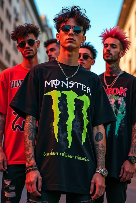 Mens models with oversized t-shirts “Monster energy” and “GG punk” and “green monster fandom, wide-leg pants

