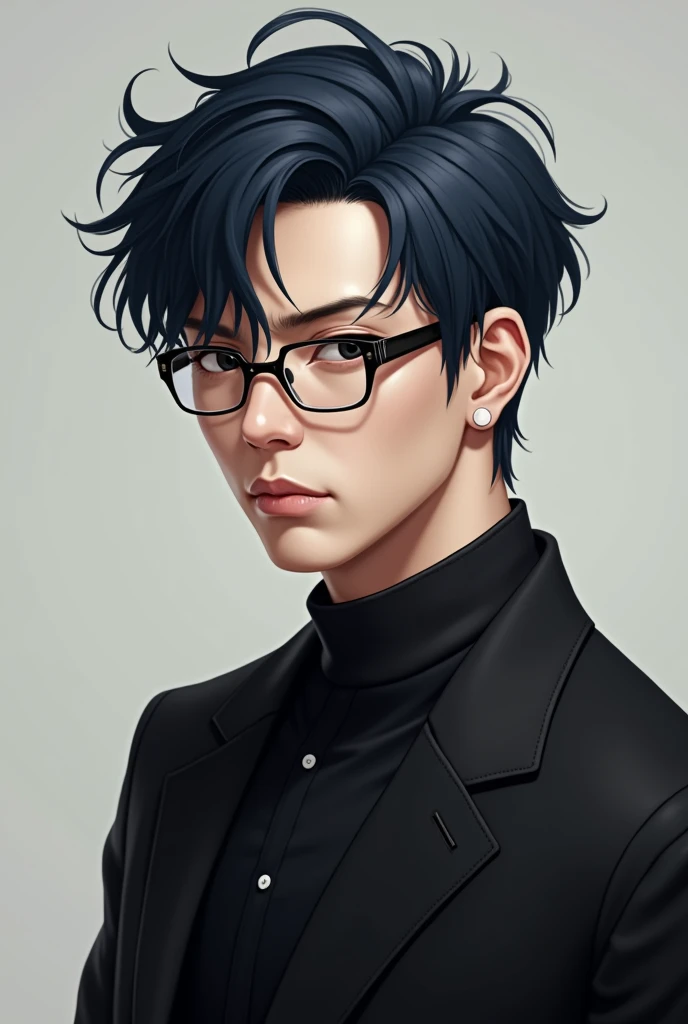 - 34 year old adult . 
 - realistic style 
- male sex 
- very dark blue messy hair 
- use rectangular lenses
- Black eyes.
 - wears white cuffs
- With black suit suit
- height 1 .80