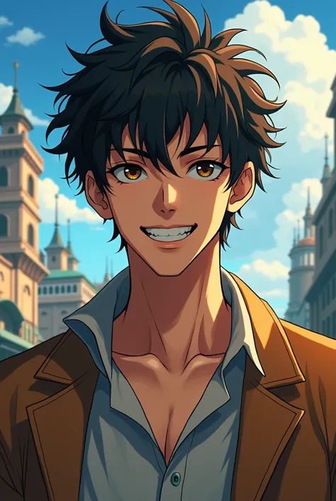 Make an anime character,  A man, with short curly hair, with a 1,80 tall, moreno, skinny, separated tooth 