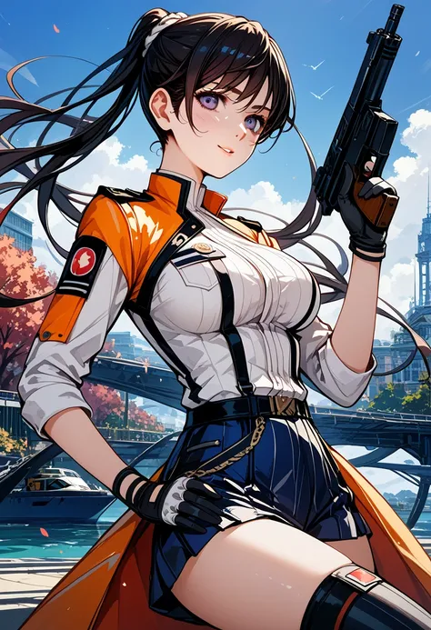 cartoon illustration of a woman in uniform holding a gun, Makoto Shinkai ( Apex Legends ), Artgerm and Atey Ghailan, JK uniform, detailed anime character art ,   girl ,  Marin Kitagawa Fanart ,  guweiz style artwork, anime character art ,   anime Moe art s...