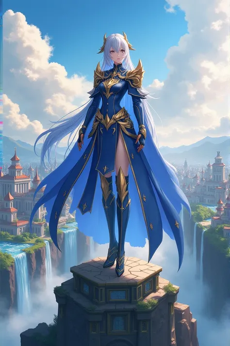 A tall and elegant character inspired by Neuvillette from Genshin Impact, wearing a regal blue costume with intricate golden and silver details, closely resembling his original outfit. The character stands confidently on top of a mountain with arms slightl...