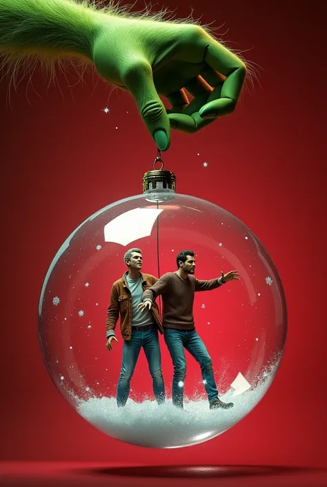 A red background and the Grinchs hand grasping a thread with his thumb and forefinger from which a transparent crystal Christmas sphere hangs, and inside the sphere there are two individuals (human men dressed in Christmas) trying to escape.