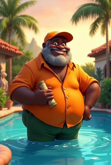  Make a cover of a Pixar movie of his style that has the title : Don Tomás in Guardian of the Pool and the Lost Scroll .  that appears as a fat black old man but with an orange cap and shirt in a pool 