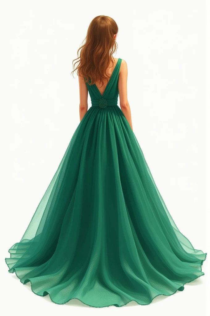 Drawing of a 15-year-old girl with her back in a large emerald green dress
