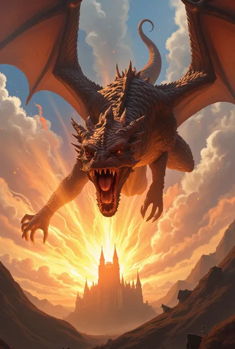 A ferocious dragon is diving at a steep angle at you while magic blazes in the sky, it is diving straight down at you from high above; view from the ground; you can see the dragons face as it is ready to breathe fire; there is no ground visible in the scen...