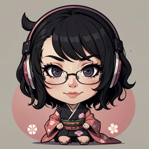 Japanese woman, one person, black wavy hair, semi-short hair, wearing glasses, Front facing, gaming headset, full body image, black Japanese-kimono, icon, chibi, kawaii, smug face, 