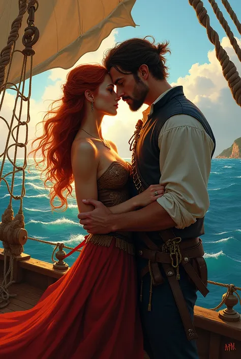 pirate ship with a beautiful red-haired woman and a handsome pirate in a world of passion