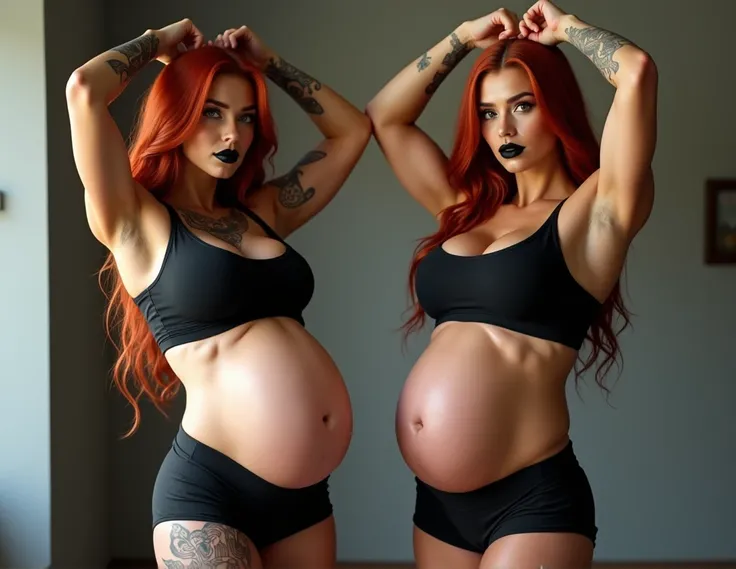 Two realistic pregnant bodybuilding fat Russian 35 years old very beautiful women with very long red hair, black lipstick, tanned skin, tattoos on whole arms, gigantic pregnant bellies and huge boobs in black sleeveless shirt and black shorts are raising h...