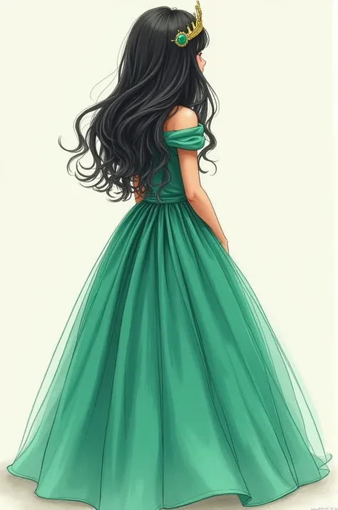 Drawing of a 15-year-old girl with her back in a big dress and a princess with emerald green hair and black hair 
